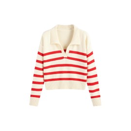 CIDER Women’s Polo Sweater Striped Collared Lightweight Long Sleeve V Neck Pullover Fall Sweater Tops 2024, Red, X-Small