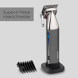 BaByliss Super-X Metal Kabelloser Haarschneider ‚Äì Japanische Stahlklingen, 10 Aufsteckk√§mme, 2 Kammf√ºhrungen, Lithium-Akku, digitales Display, Metallgeh√§use, Schwarz, E996E