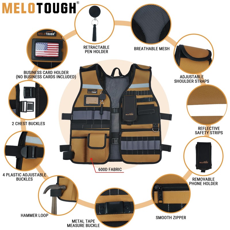 MELOTOUGH Tool Vest for Men Reflective Safety Tool Vest with