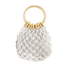 Ayliss Women Mini Clutch Tote Handbag Top-handle Bucket Drawstring Handbag Summer Beach Woven Handmade Fishing Net Bag Pouch Purse (White, Mini)