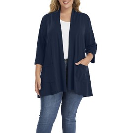 Shiaili Cárdigan largo de talla grande para mujer, fácil de llevar, ropa frontal abierta, Manga 3/4 Azul Marino, 5X