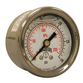 Winters 1-1/2 inch Dial Size, Glycerin Filled Industrial Pressure Gauge, Brass Internals, 304 Stainless Steel Case, Dual Scale 0-30 psi/kPa, 2.5% Acc, 1/8 inch NPT Back Mount, Liquid Filled Gauge