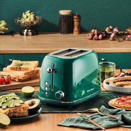Roter Mond 2 Slice Toaster Retro Stainless Steel with Bagel, Cancel, and Defrost Functions, 6 Bread Shade Settings, Extra Wide Slots and Removable Crumb Tray, Green