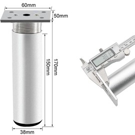 Rusoz Set of 4 Adjustable Furniture Feet, Metal Furniture Feet, 150 mm Height, Small Table Legs, Height Adjustable, 0-20 mm, Aluminium Alloy Round, Matt, Silver with Screws for Sofa, Bed and Cabinets