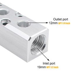 Air Manifold, 2 Way 4 Port Air Compressor Manifold, Aluminum Air Hose Inline Manifold Block Splitter, Pneumatic Manifold Air Distribution Block, NPT 1/2 Inch Supply Port, NPT 1/4 Inch Output Port
