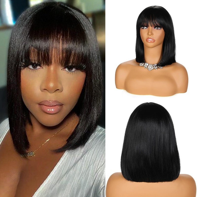 YYHR Short Bob Wig With Bangs 12" Light Yaki Straight