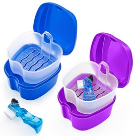 Keedolla Estuche Para Baño De Dentaduras Postizas, Paquete De 2, Con Cepillo, Estuche De Limpieza Para Retenedores, Estuche De Viaje Para Almacenamiento De Dentaduras Postizas Con Colador, Morado Y Az