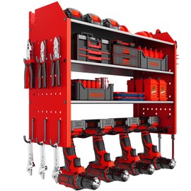 BIHOO Power Tool Organizer Wall Mount, Garage Tool Organizer with 4 Drill Holders for Cordless Tools.Heavy Duty Drill Holder Wall Mount with Hooks.Red