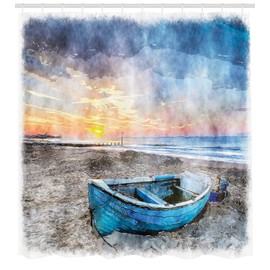 Ambesonne Amanecer Cortina de Baño, Barco de Pesca en la Playa, Paño Conjunto de Decoración de Baño de Tela y Ganchos, 70" Alto, Azul Naranja
