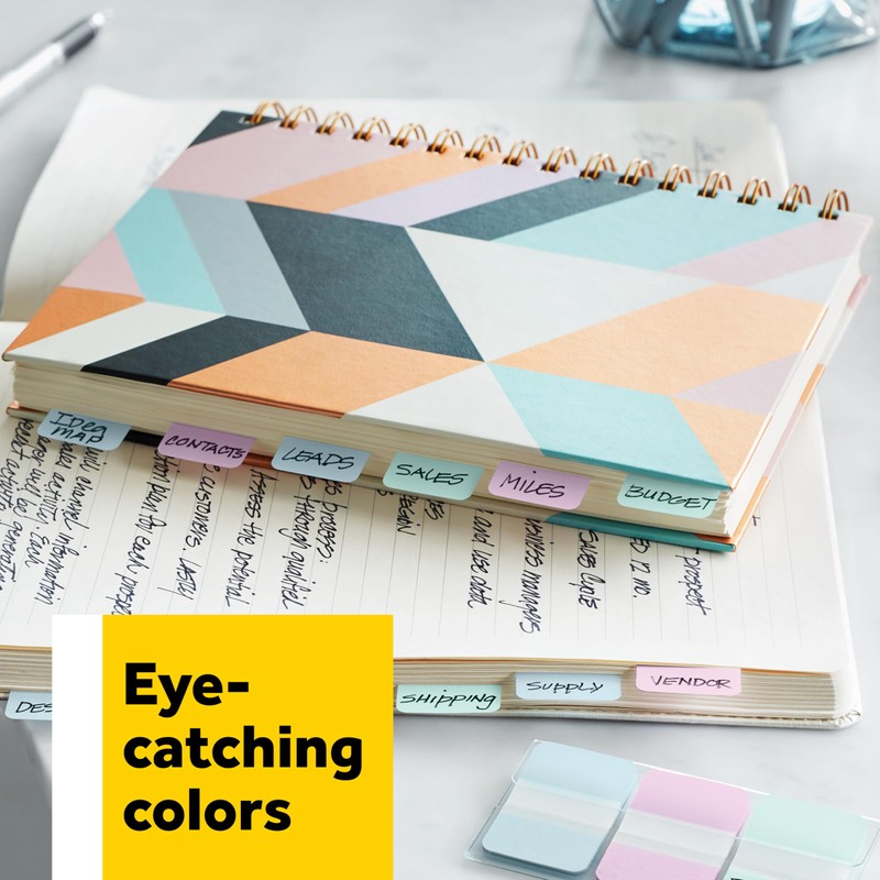 Post-it Tabs, .625 in Solid, Aqua, Lime, Yellow, Red, 10/Color,