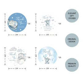 80pcs Elephant Thank You Stickers, Elephant Round Stickers, Thank You for Showering Our Little Boy with Love Stickers, Elephant Birthday Round Stickers for Gender Reveal Party Favors