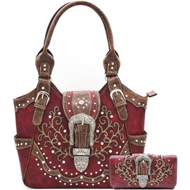 Western Style Tooled Leather Buckle Concealed Carry Purse Country Handbag Women Shoulder Bag Wallet Set (#4 Red Set)