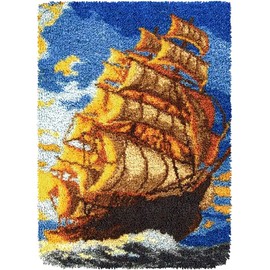 Rocky&Chao Latch Hook Kits for Adults Sailboat 23.6X15.7Inch, DIY Latch Hook Sailboat Rug Kit 60X40CM, Home Carpet Rug Making Kit, Cross Stitch Embroidery Kits Needlework Crafts Rug for Home Decor