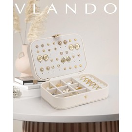 Vlando Travel Jewelry Case, PU Leather Travel Jewelry Box for Women Girls, Portable and Adjustable Small Jewelry Box for Rings, Necklaces, Bracelets, Earring Holder Organizer - Beige