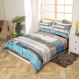 Splicing Wooden Stripes Duvet Cover Queen Size Western Farmhouse Style Comforter Cover with 2 Pillowcases(No Comforter) for Teens Adults Blue Grey Old Barn Door Bedding Set 3 Pcs Decorative Bed Cover