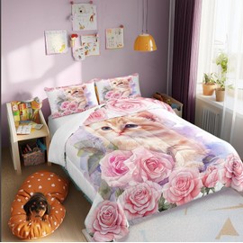 Manfei Kawaii Cat Twin Size Comforter Set for All Seasons,Kids Cute Animal Kitten Pet Bedding Set Teens Bedroom Decor,Floral Pink Rose Blossoms Comforter Inner Fill with 1 Pillowcase