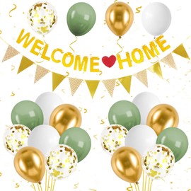 Welcome Home Decorations,Green Gold Welcome Home Balloons Banners Set,Welcome Home Glitter Banner with Confetti Balloons,Pennant Flag Bunting for Home Family Baby Shower Welcome Back Party Supplies