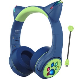 Riwbox CF9 Cat Ear Kids Bluetooth Headphones with LED Light Up,Safe 85dB Volume Limit,Built-in Mic&Boom Mic for Calls,Kids Wireless&Wired Headphones for Tablet/Airplane/School/Online Learning(Blue)