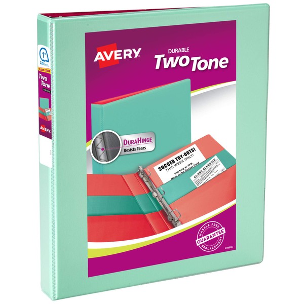 Avery(R) Two-Tone Durable View 3 Ring Binder, 1 Inch Slant Rings, 1 Mint/Coral Binder (17288)