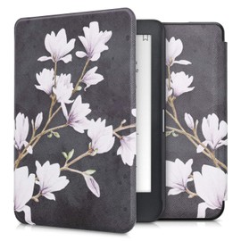 kwmobile Case Compatible with Kobo Clara HD Case - eReader Cover - Magnolias Taupe/White/Dark Grey