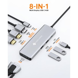 USB C Docking Station Quad Display, 8 in 1 Laptop Docking Station Dual Monitor, Single 8K@30Hz DP, Dual 4K@60Hz HDMI, VGA, 3 USB Ports, 100W PD, USB C Hub Dock for Dell, HP, Lenovo, ASUS Laptops