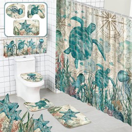 Tatuo 8 Pcs Sea Turtle Shower Curtain Set Summer Ocean Theme Bathroom Accessories Sets Decor Sea Animal Nautical Coastal Waterproof Shower Curtain with Towels Carpet Bath Mat Toilet Rugs and 12 Hooks