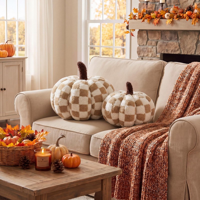 Leinuosen 2 Pcs Fall Pumpkin Pillows Brown 3D Pumpkin Shaped