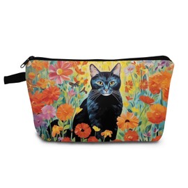 YULUENZE Floral Black Cat Makeup Bag Cute Small Organizer Bag with Zipper Floral Black Cat Cosmetic Bag Aesthetic Birthday Present for Women Sisters Friends -2