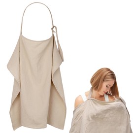 Huiguli Breastfeeding Cover, Upgraded 76 x 110cm Soft 100% Cotton Muslin Nursing Cover with Adjustable Strap for Comfortable Mom & Baby Breastfeeding(Khaki)