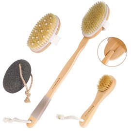 BONUMVITA Dry Brushing Body Brush Set- Wooden Long Handle Body Brush Set with Pumice Stone & Face Brush, Boar Bristle Body Bath Scrubber Brush for Lymphatic Drainage & Cellulite, Detachable