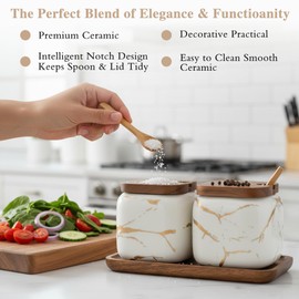 EIMQUVW Sets of 2 Marble Ceramic Seasoning Jars Ceramic Sugar Salt bowl Condiment Pots with Wooden Lids,Wooden Spoon and Woodens Tray(White)