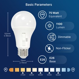 FLSNT A21 Dimmable LED Bulb,12W (75W Equivalent), 1100 Lumens, E26 Base, CRI90, 2700K, 3000K, 4000K, 5000K, 6500K, 5CCT Selectable, Indoor and Outdoor,Perfect for Lamps and Home Lighting（4 Pack）