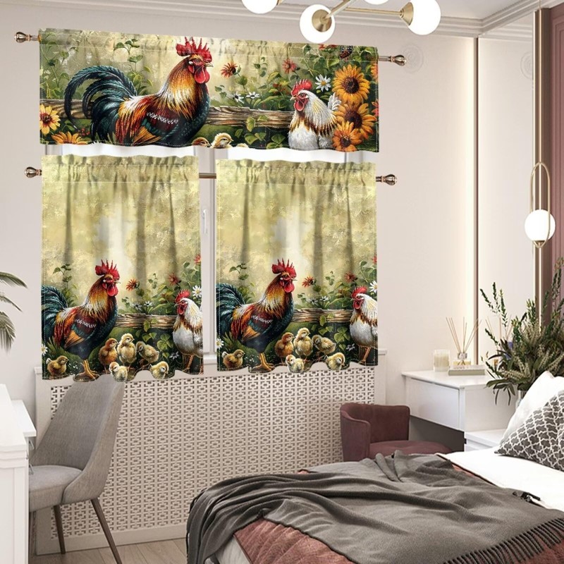 YUVAMAGIMO Sunflower Rooster 3-Piece Tier Curtains 36 Inch Long Country
