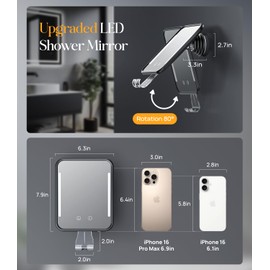 Gospire Heated Shower Mirror Fogless for Shaving with Light, Rechargeable Battery and Adjustable Brightness, Suction Cup and Razor Holder, Removable & NO-Drilling, Waterproof for Bathroom (Black)