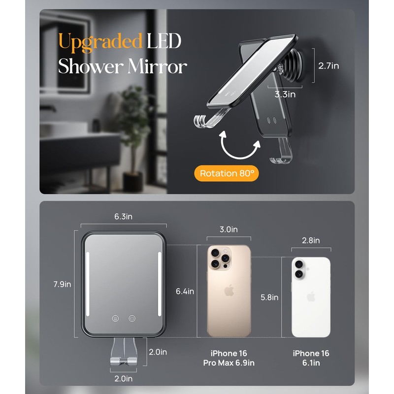 Gospire Heated Shower Mirror Fogless for Shaving with Light, Rechargeable