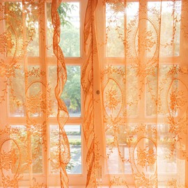 Sutuo Home Orange Lace Curtains Set of 2, Boho Sheer Panels 63 Inch Length Floral Embroidery Vintage Ruffled Window Treatment Pair for Bedroom Living Room, Shabby Chic Decor Rod Pocket, W57 x L63