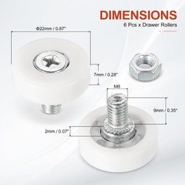 MECCANIXITY Drawer Rollers Nylon Cabinet Drawer Pulley Replacement Wheels Bearing 22mm Drawer Positioning Roller Slide Guides with Nuts for Furniture Parts Cupboard Wardrobe Pack of 4