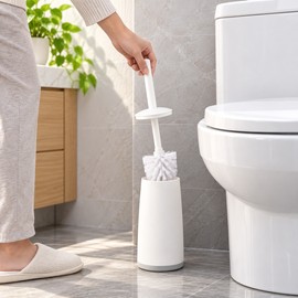 Long Handle Toilet Brush with Holder – 360° Round Bristle Toilet Bowl Cleaning Brush with Standing Base