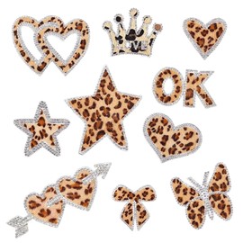 10PCS Leopard Rhinestone Iron on Patches, Delicate Embroidered Applique, Heart Shape Iron on Sew on Decorative Emblem, Embroidered Patch for Backpacks Clothing Repair Jeans Jacket Hats DIY Art Crafts