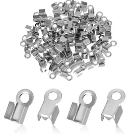 Vin Beauty 100 Pieces Fold Over Cord Ends Stainless Steel Cord Crimp End Tips Fold-Over End Caps Leather Ribbon Ending Clasp Tips Connectors for Jewelry Making 3 x 8 mm, Silver, 589813_1_Msy503deP