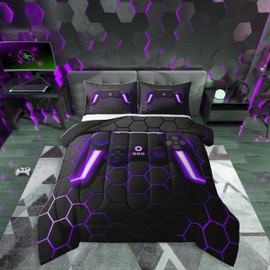 Erosebridal Gaming Comforter Set for Boys Gamer Comforter,Game Contoller Bedding Home Decor for Kids Men Video Game Bed Set,Neon Lights Gamepad Duvet Set,Purple Grey Hexagon Honeycomb Bedding,Queen