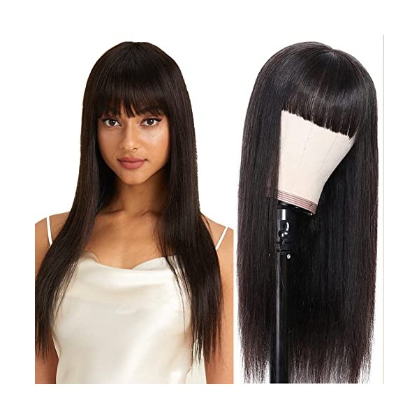 DÃBUT Human Hair Wigs for Black Women Straight Wigs with Bangs 10A Unprocessed Brazilian Virgin Remy Hair 150% Density (24 inches, 1Bï¼Natural Black)