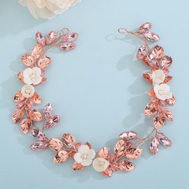 Teyglen Flower Wedding Hair Vine Bridal Pink Crystal Headband Rose Gold Leaf Hair Piece Floral Flower Rhinestone Headpiece Wedding Hair Accessories for Women Girls(Rose Gold)