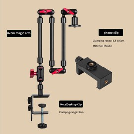 Magic Arm with Clamp, Long Articulating Arm Camera Mount, Adjustable Phone Mount Holder 360° Rotation, Mic Arm for Microphone, LED Lights, for Phone, Tripod, Desk, Table