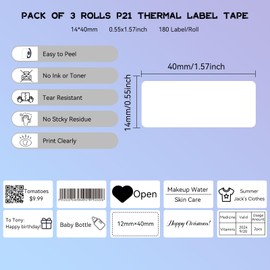 D30 Label Maker Tape, Thermal self-Adhesive Label 14x40mm (0.55"x1.57"), Compatible with D30 Portable Label Printer Adapted Label Print Paper for Office 160 Labels/Roll(White)