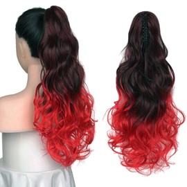 Cybelleza Clip-In Ponytail Extensions Braid Hairpiece 45 cm Claw Ponytail Hair Extension Like Real Hair Wavy Curly Synthetic Hair Long Hair Heat Resistant Black Ombre Red