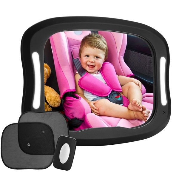 FITNATE LED Baby Car Mirror, Safety Infant in Backseat 360°Adjustable Light Up Mirror for Baby Rear with Best Newborn Secure 4 Sturdy Strips,Remote Control and 2 Car Sun Visors