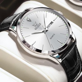 OLEVS Black Leather Watches for Men Fashion Luxury Dress White Large Face Men Watch Casual Business Simple Waterproof Analog Quartz Men's Wrist Watches with Day Date Vintage Relojes para Hombres ﻿