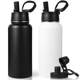Neihepal 32 oz Insulated Water Bottle Bulk 2 Pack,18/8 Stainless Steel Double Wall Vacuum Flask with Straw Lid & Spout Lid Keeps Hot or Cold,Ideal for Gym,School,Outdoor,Camping,Sports(Mix,2 Set)