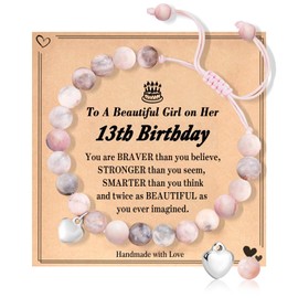 COLANANA Birthday Gifts for 13 Year Old Girls, Pink White Pearl Bracelets Adjustable Number Bracelets with Birthday Card for Daughter Sister Friends Granddaughter Presents